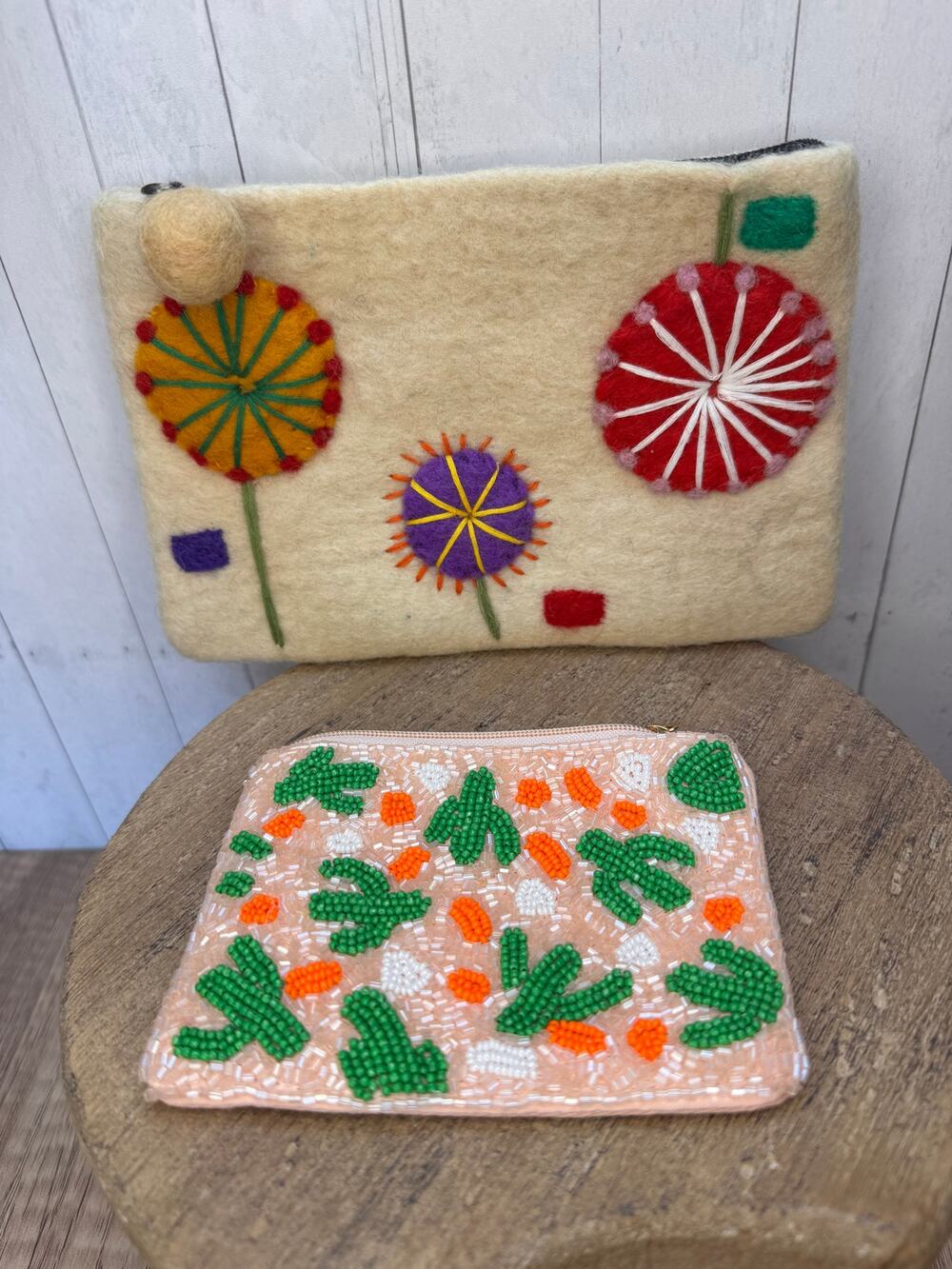 Set of 2 Coin Purses Cactus Coin Purse Felted Wool Boho Flower Bag NEW!
